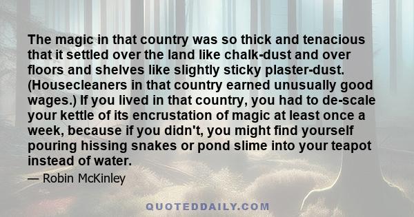 The magic in that country was so thick and tenacious that it settled over the land like chalk-dust and over floors and shelves like slightly sticky plaster-dust. (Housecleaners in that country earned unusually good