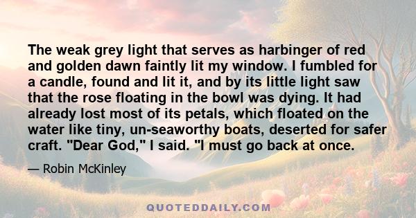 The weak grey light that serves as harbinger of red and golden dawn faintly lit my window. I fumbled for a candle, found and lit it, and by its little light saw that the rose floating in the bowl was dying. It had