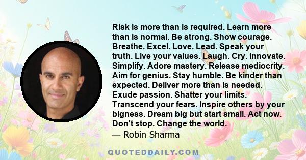 Risk is more than is required. Learn more than is normal. Be strong. Show courage. Breathe. Excel. Love. Lead. Speak your truth. Live your values. Laugh. Cry. Innovate. Simplify. Adore mastery. Release mediocrity. Aim