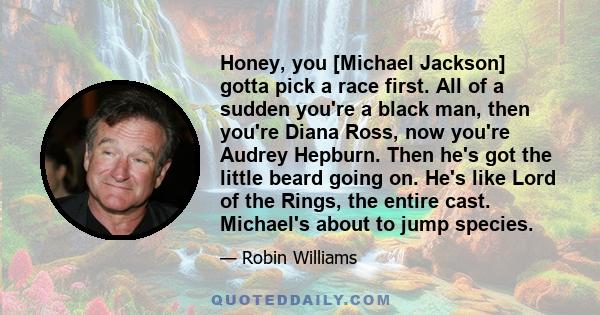 Honey, you [Michael Jackson] gotta pick a race first. All of a sudden you're a black man, then you're Diana Ross, now you're Audrey Hepburn. Then he's got the little beard going on. He's like Lord of the Rings, the