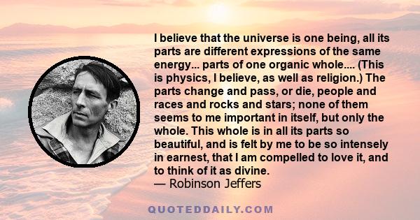 I believe that the universe is one being, all its parts are different expressions of the same energy... parts of one organic whole.... (This is physics, I believe, as well as religion.) The parts change and pass, or