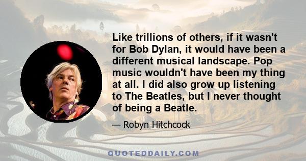 Like trillions of others, if it wasn't for Bob Dylan, it would have been a different musical landscape. Pop music wouldn't have been my thing at all. I did also grow up listening to The Beatles, but I never thought of