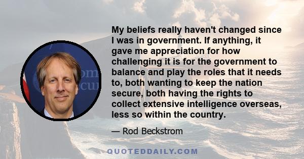 My beliefs really haven't changed since I was in government. If anything, it gave me appreciation for how challenging it is for the government to balance and play the roles that it needs to, both wanting to keep the