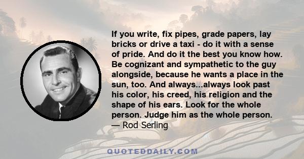 If you write, fix pipes, grade papers, lay bricks or drive a taxi - do it with a sense of pride. And do it the best you know how. Be cognizant and sympathetic to the guy alongside, because he wants a place in the sun,