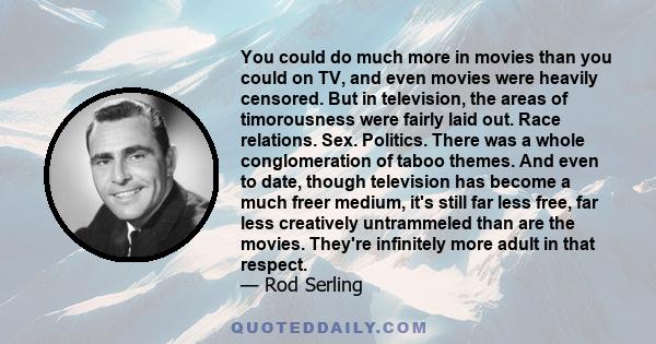 You could do much more in movies than you could on TV, and even movies were heavily censored. But in television, the areas of timorousness were fairly laid out. Race relations. Sex. Politics. There was a whole