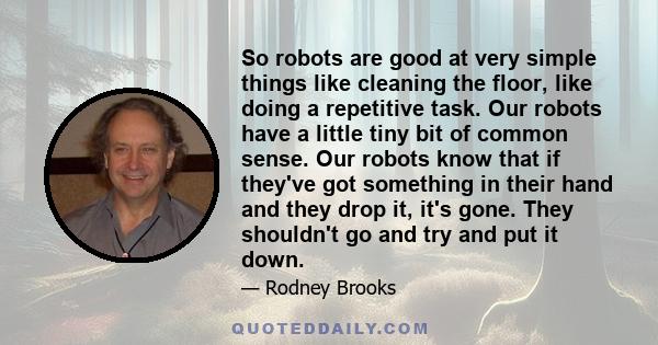 So robots are good at very simple things like cleaning the floor, like doing a repetitive task. Our robots have a little tiny bit of common sense. Our robots know that if they've got something in their hand and they