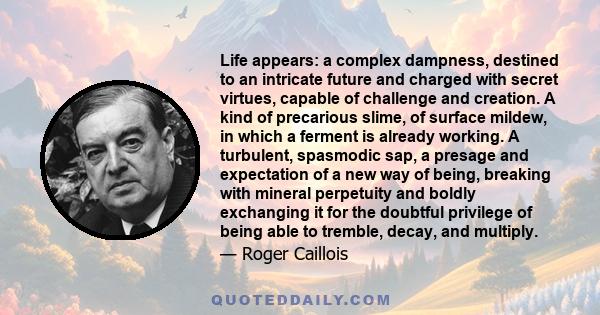 Life appears: a complex dampness, destined to an intricate future and charged with secret virtues, capable of challenge and creation. A kind of precarious slime, of surface mildew, in which a ferment is already working. 