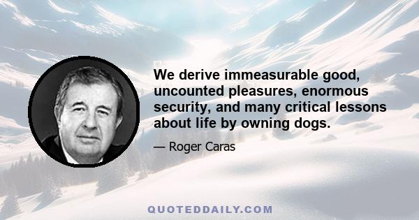 We derive immeasurable good, uncounted pleasures, enormous security, and many critical lessons about life by owning dogs.