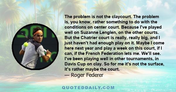 The problem is not the claycourt. The problem is, you know, rather something to do with the conditions on center court. Because I've played well on Suzanne Lenglen, on the other courts. But the Chatrier court is really, 