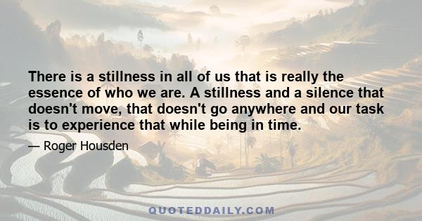 There is a stillness in all of us that is really the essence of who we are. A stillness and a silence that doesn't move, that doesn't go anywhere and our task is to experience that while being in time.