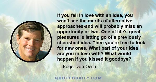 If you fall in love with an idea, you won't see the merits of alternative approaches-and will probably miss an opportunity or two. One of life's great pleasures is letting go of a previously cherished idea. Then you're