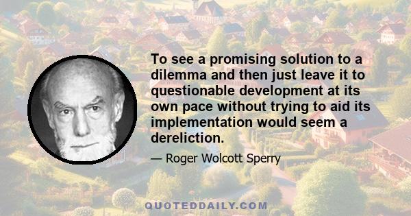 To see a promising solution to a dilemma and then just leave it to questionable development at its own pace without trying to aid its implementation would seem a dereliction.