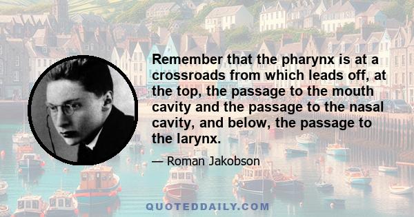 Remember that the pharynx is at a crossroads from which leads off, at the top, the passage to the mouth cavity and the passage to the nasal cavity, and below, the passage to the larynx.