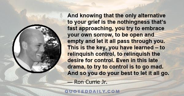 And knowing that the only alternative to your grief is the nothingness that’s fast approaching, you try to embrace your own sorrow, to be open and empty and let it all pass through you. This is the key, you have learned 