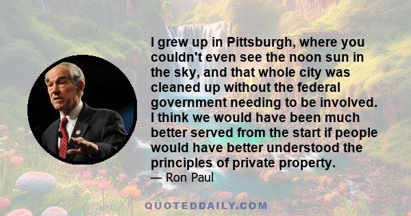 I grew up in Pittsburgh, where you couldn't even see the noon sun in the sky, and that whole city was cleaned up without the federal government needing to be involved. I think we would have been much better served from