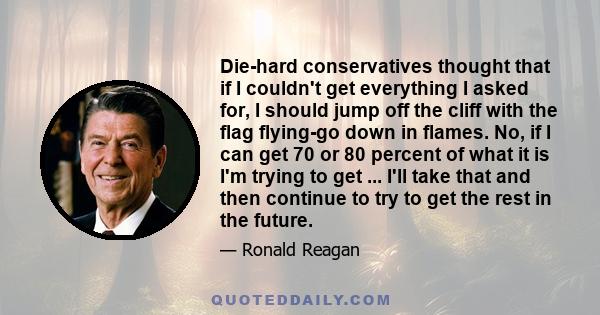 Die-hard conservatives thought that if I couldn't get everything I asked for, I should jump off the cliff with the flag flying-go down in flames. No, if I can get 70 or 80 percent of what it is I'm trying to get ...