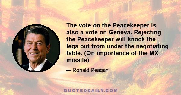 The vote on the Peacekeeper is also a vote on Geneva. Rejecting the Peacekeeper will knock the legs out from under the negotiating table. (On importance of the MX missile)