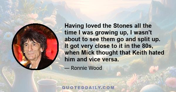 Having loved the Stones all the time I was growing up, I wasn't about to see them go and split up. It got very close to it in the 80s, when Mick thought that Keith hated him and vice versa.