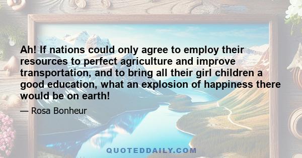 Ah! If nations could only agree to employ their resources to perfect agriculture and improve transportation, and to bring all their girl children a good education, what an explosion of happiness there would be on earth!