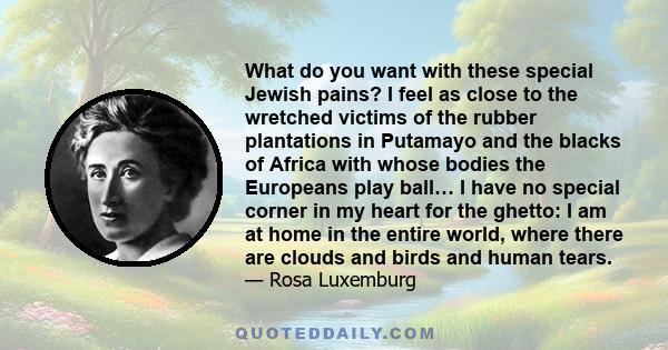 What do you want with these special Jewish pains? I feel as close to the wretched victims of the rubber plantations in Putamayo and the blacks of Africa with whose bodies the Europeans play ball… I have no special