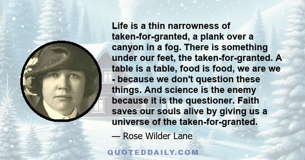 Life is a thin narrowness of taken-for-granted, a plank over a canyon in a fog. There is something under our feet, the taken-for-granted. A table is a table, food is food, we are we - because we don't question these