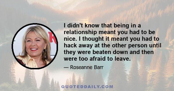 I didn't know that being in a relationship meant you had to be nice. I thought it meant you had to hack away at the other person until they were beaten down and then were too afraid to leave.