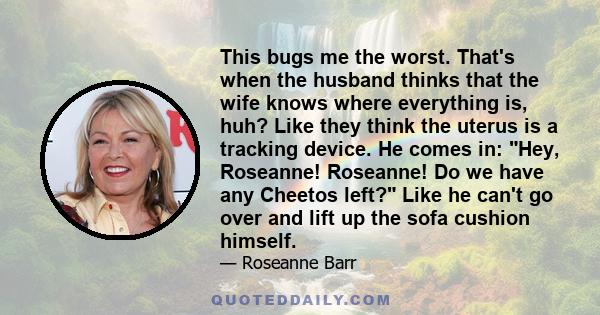 This bugs me the worst. That's when the husband thinks that the wife knows where everything is, huh? Like they think the uterus is a tracking device. He comes in: Hey, Roseanne! Roseanne! Do we have any Cheetos left?