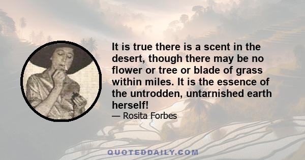 It is true there is a scent in the desert, though there may be no flower or tree or blade of grass within miles. It is the essence of the untrodden, untarnished earth herself!