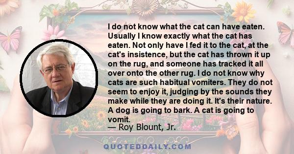 I do not know what the cat can have eaten. Usually I know exactly what the cat has eaten. Not only have I fed it to the cat, at the cat's insistence, but the cat has thrown it up on the rug, and someone has tracked it