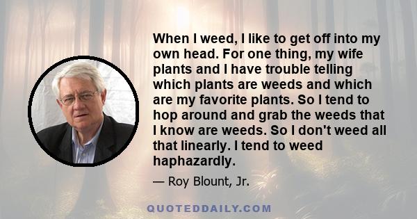 When I weed, I like to get off into my own head. For one thing, my wife plants and I have trouble telling which plants are weeds and which are my favorite plants. So I tend to hop around and grab the weeds that I know