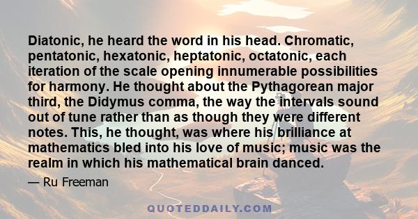 Diatonic, he heard the word in his head. Chromatic, pentatonic, hexatonic, heptatonic, octatonic, each iteration of the scale opening innumerable possibilities for harmony. He thought about the Pythagorean major third,