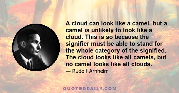 A cloud can look like a camel, but a camel is unlikely to look like a cloud. This is so because the signifier must be able to stand for the whole category of the signified. The cloud looks like all camels, but no camel