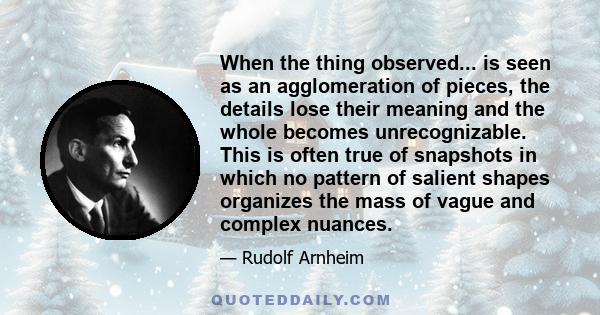 When the thing observed... is seen as an agglomeration of pieces, the details lose their meaning and the whole becomes unrecognizable. This is often true of snapshots in which no pattern of salient shapes organizes the