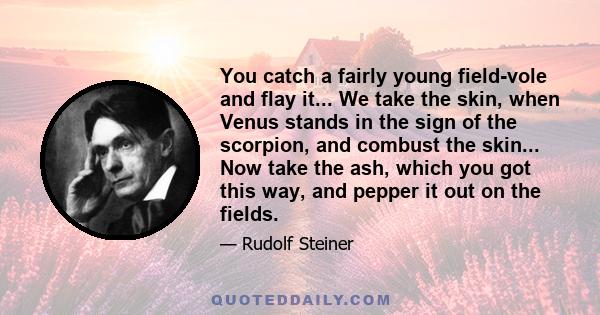 You catch a fairly young field-vole and flay it... We take the skin, when Venus stands in the sign of the scorpion, and combust the skin... Now take the ash, which you got this way, and pepper it out on the fields.