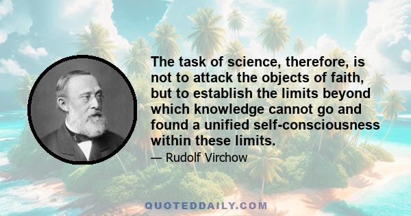 The task of science, therefore, is not to attack the objects of faith, but to establish the limits beyond which knowledge cannot go and found a unified self-consciousness within these limits.