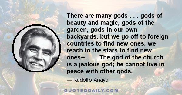 There are many gods . . . gods of beauty and magic, gods of the garden, gods in our own backyards, but we go off to foreign countries to find new ones, we reach to the stars to find new ones--. . . . The god of the