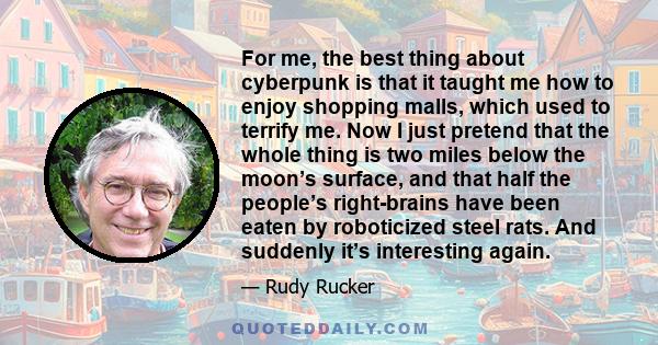 For me, the best thing about cyberpunk is that it taught me how to enjoy shopping malls, which used to terrify me. Now I just pretend that the whole thing is two miles below the moon’s surface, and that half the