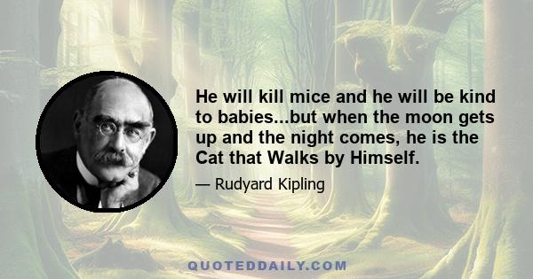 He will kill mice and he will be kind to babies...but when the moon gets up and the night comes, he is the Cat that Walks by Himself.