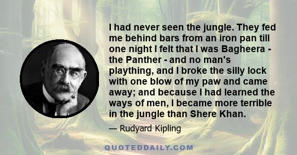 I had never seen the jungle. They fed me behind bars from an iron pan till one night I felt that I was Bagheera - the Panther - and no man's plaything, and I broke the silly lock with one blow of my paw and came away;