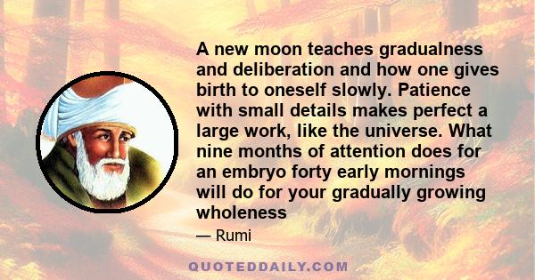 A new moon teaches gradualness and deliberation and how one gives birth to oneself slowly. Patience with small details makes perfect a large work, like the universe. What nine months of attention does for an embryo