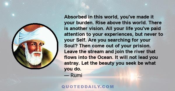 Absorbed in this world, you've made it your burden. Rise above this world. There is another vision. All your life you've paid attention to your experiences, but never to your Self. Are you searching for your Soul? Then