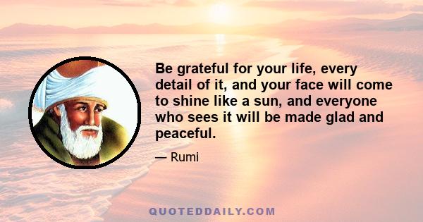 Be grateful for your life, every detail of it, and your face will come to shine like a sun, and everyone who sees it will be made glad and peaceful.