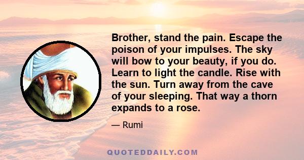 Brother, stand the pain. Escape the poison of your impulses. The sky will bow to your beauty, if you do. Learn to light the candle. Rise with the sun. Turn away from the cave of your sleeping. That way a thorn expands