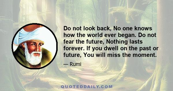 Do not look back, No one knows how the world ever began. Do not fear the future, Nothing lasts forever. If you dwell on the past or future, You will miss the moment.