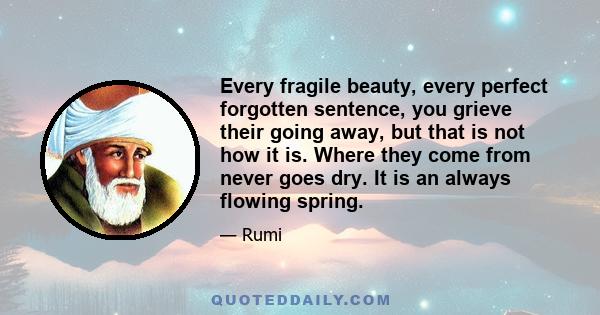 Every fragile beauty, every perfect forgotten sentence, you grieve their going away, but that is not how it is. Where they come from never goes dry. It is an always flowing spring.