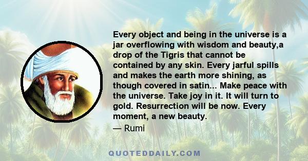 Every object and being in the universe is a jar overflowing with wisdom and beauty,a drop of the Tigris that cannot be contained by any skin. Every jarful spills and makes the earth more shining, as though covered in