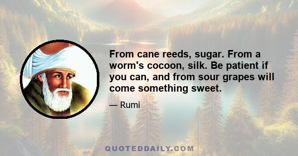 From cane reeds, sugar. From a worm's cocoon, silk. Be patient if you can, and from sour grapes will come something sweet.