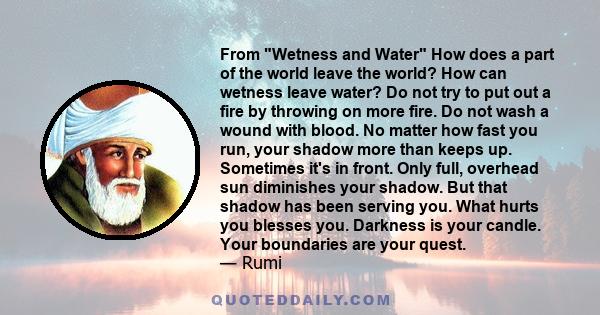 From Wetness and Water How does a part of the world leave the world? How can wetness leave water? Do not try to put out a fire by throwing on more fire. Do not wash a wound with blood. No matter how fast you run, your