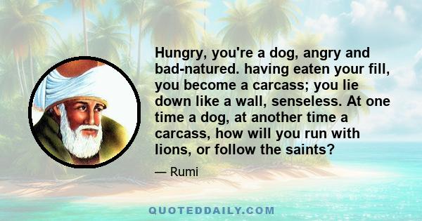 Hungry, you're a dog, angry and bad-natured. having eaten your fill, you become a carcass; you lie down like a wall, senseless. At one time a dog, at another time a carcass, how will you run with lions, or follow the