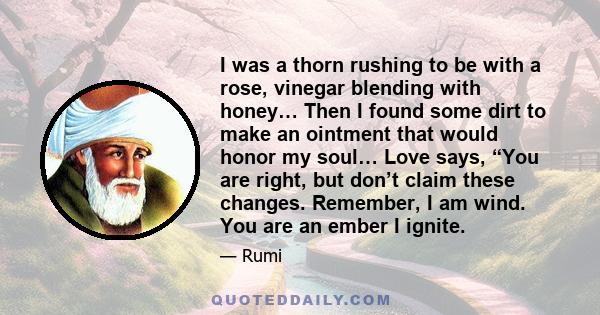 I was a thorn rushing to be with a rose, vinegar blending with honey… Then I found some dirt to make an ointment that would honor my soul… Love says, “You are right, but don’t claim these changes. Remember, I am wind.